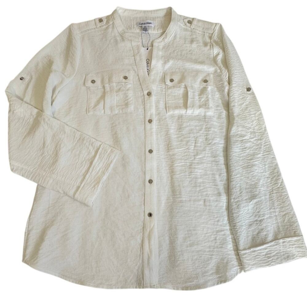 Calvin Klein Button Up Shirt Cream 3/4 Adjustable Sleeve NWT